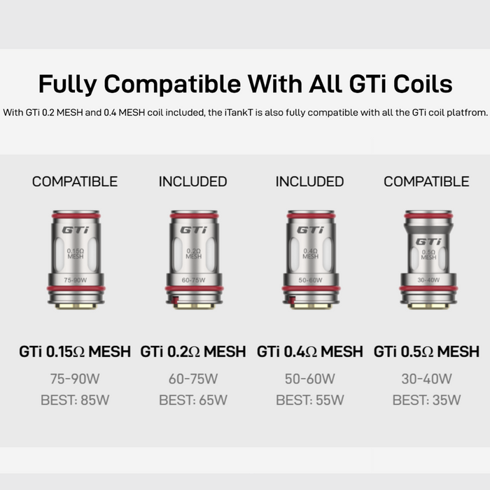 All compatible coils for the Itank T, GTI coils 0.15, 0.2, 0.4, 0.5 ohms